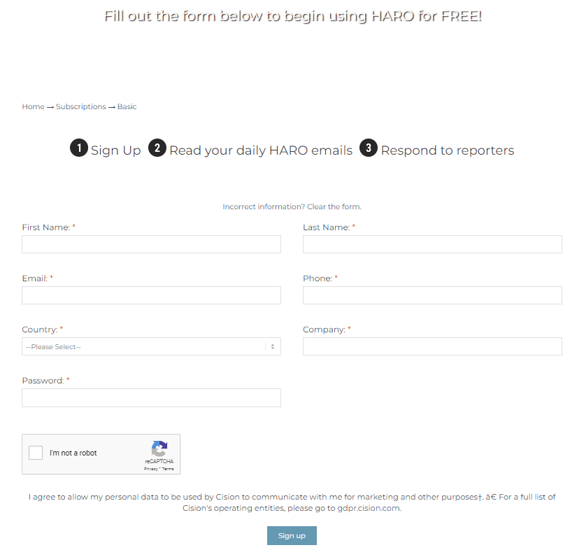 HARO sign up form
