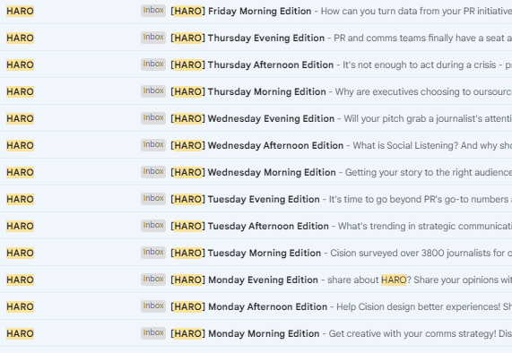example of HARO media email alerts